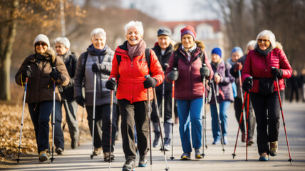 Older people doing Nordic walking exercises. Made with AI generation