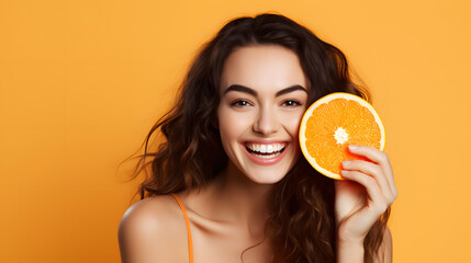 Happy smiling woman holding orange on orange background, Generative Ai