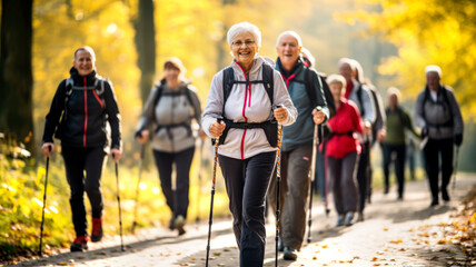 Older people doing Nordic walking exercises. Made with AI generation - obrazy, fototapety, plakaty