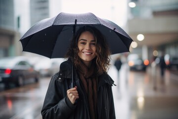 pretty caucasian woman. winter rainy day concept