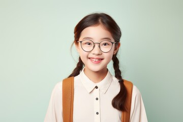 Happy School pupil, Asian girl in glasses on isolated on studio background with copy space, back to school