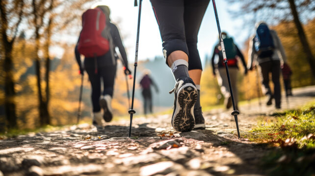 Older People Doing Nordic Walking Exercises. Made With AI Generation