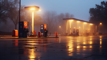 Fototapeta na wymiar Gas station in the misty evening created with Generative AI technology