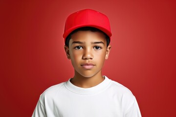 Happy School pupil, boy in baseball cap on isolated on studio background with copy space, back to school