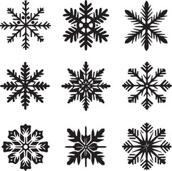 Snowflake silhouettes. Set of black snowflake silhouettes. Snowflake brush isolated. Complex cartoon snowflake silhouette isolated. Winter time vector