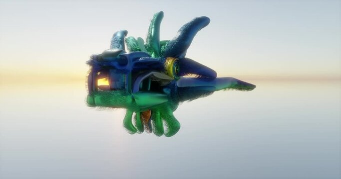 Feathered serpent deity in Mexican culture legend flies in the sky at sunset blowing to provoke wind and rain according to polytheistic religion in Mexico arc shot animation  full length