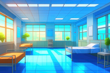 Hospital room interior, anime style.