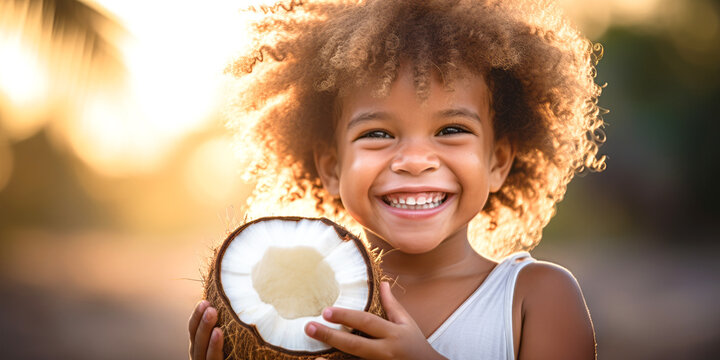 Happy child holding coconut. Smiling baby. Healthy food