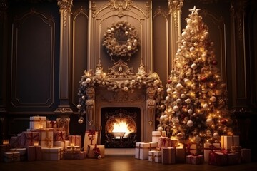 Fototapeta na wymiar Christmas Interior. Magic glowing fireplace in the living room