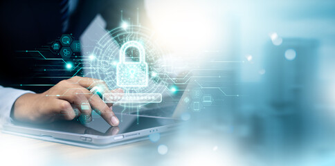 Businessman protecting data with encryption and network security, Protecting transactions. Cybersecurity for online business, data privacy, Safeguarding business transactions from cyber threats.