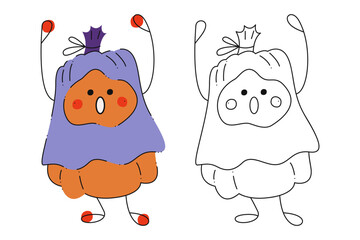 Small set of Halloween pumpkins dressed as a ghost. Color, black and white flat vector illustration.