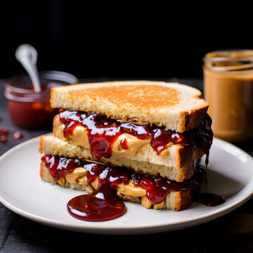 Delicious gourmet messy peanut butter and jelly sandwich