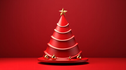 Red christmas tree on red background for christmas decoration with shadow 3D rendering