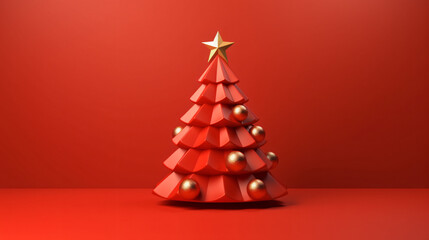 Red christmas tree on red background for christmas decoration with shadow 3D rendering - obrazy, fototapety, plakaty