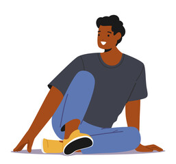 Cheerful African American Man Sits Comfortably On The Floor, His Face Adorned With A Warm Smile, Vector Illustration