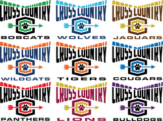 collection of cross country team designs with paw print and assorted mascots for school, college or league sports