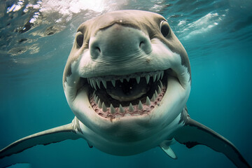 shark under water looks at camera