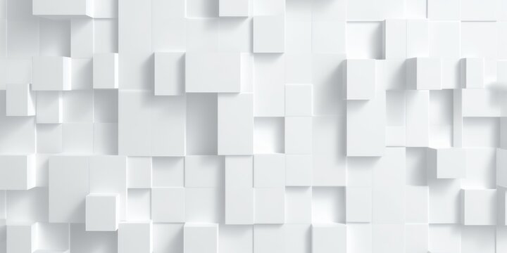 Random shifted inset and offset white small rectangle cubes fading out geometrical background wallpaper banner pattern with copy space, Generative AI