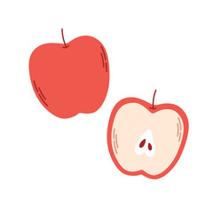 Obraz premium Fresh apple with half apple. Summer fruit. Healthy food. Vector illustration in flat style