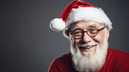 Naklejka premium Santa Claus in eyeglasses is looking at camera and smiling, on gray background