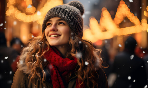 Young woman enjoying Christmas fest, winter season, snowy weather - Generative AI