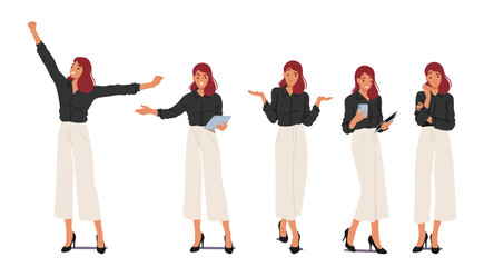 Business Woman Standing in Different Poses. Female Character in Formal Wear Raises Arms, Angry Boss with Laptop