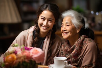 A heartwarming moment captured: a young woman spending quality time with her elderly mother or grandmother, reflecting love, care, and cherished family bonds.