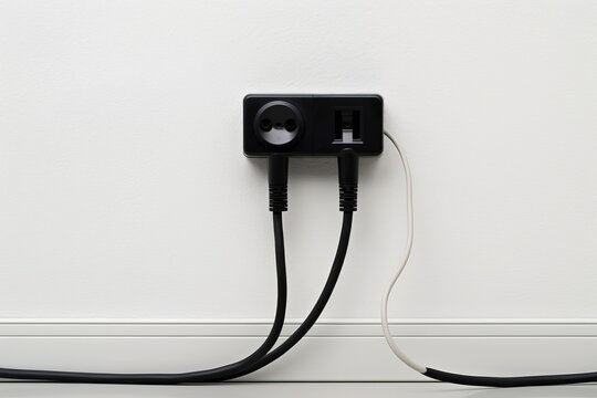 Black power cord cable plugged into european wall outlet on white plaster wall, Generative AI