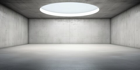 Abstract empty, modern concrete room with round bevel opening in the ceiling and rough floor - industrial interior background template, Generative AI