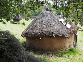 vista posterior de vivienda comunitaria de origen construida en adobe y vegetal, campamento etnográfico de campolameiro, pontevedra, españa, europa