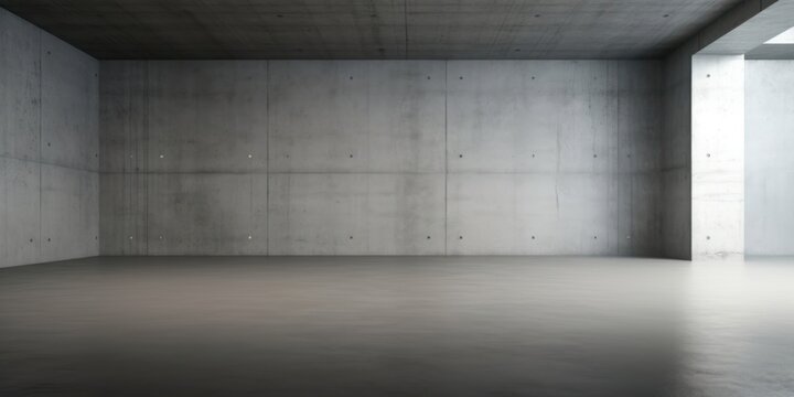Abstract large, empty, modern concrete room, half painted walls, indirect light and concrete rough floor - industrial interior background template, Generative AI