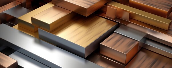 Aluminum, copper and brass mixed round and square profiles stack frame filling, construction or manufacturing materials concept, Generative AI - obrazy, fototapety, plakaty