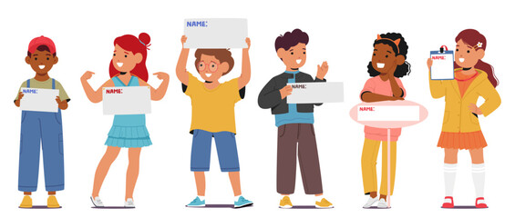 Young Children Characters Proudly Clutching Their Personalized Name Plates, Beaming With Excitement, Vector Illustration