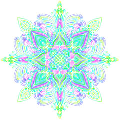 Magic mandala, bright background, multicolor , gradient,    neon colors, for print, fantasy, snowflake, festive decor