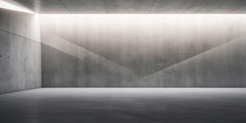 Abstract empty, modern concrete room with indirect lighting on diagonal back wall and rough floor - industrial interior background template, Generative AI - obrazy, fototapety, plakaty