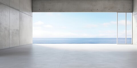 Abstract empty, modern concrete room with balcony opening with ocean view on the back wall and rough floor - industrial interior background template, Generative AI