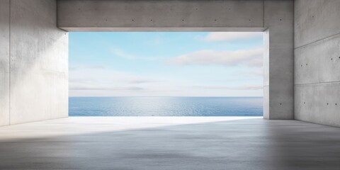 Abstract empty, modern concrete room with balcony opening with ocean view on the back wall and rough floor - industrial interior background template, Generative AI