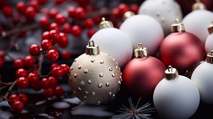Close up Christmas balls decoration on dark background. AI generated