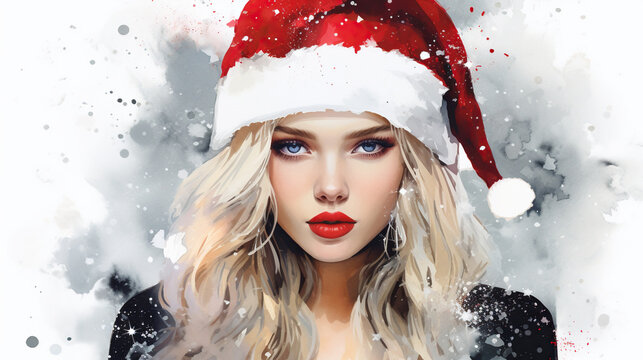 girl in santa claus hat,art background