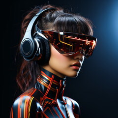 Portrait of young cyber girl with glowing red