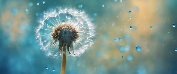 Dew-Kissed Seeds: Macro Beauty in Nature - Water Droplets, Blue-Turquoise Background, Soft Focus, Dandelion Sparkle in Light Rays.