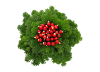 Christmas decoration, red Xmas balls on fir tree branch wreath isolated on white transparent, PNG. 