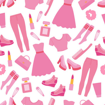 Barbicore seamless pattern on a white background. Pink clothing and accessories, 2000s fashion