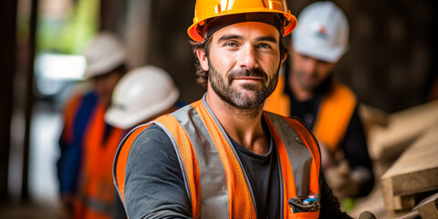 On the Job: Construction Laborer at a Construction Site - obrazy, fototapety, plakaty