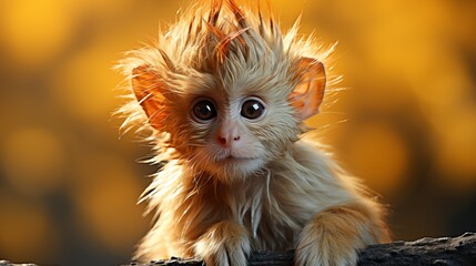 Fototapeta premium Cute monkey posing for the camera. Blurred background, animal with glasses, Banner with free space for copy space.