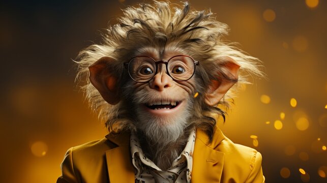 Cute monkey posing for the camera. Blurred background, animal with glasses, Banner with free space for copy space.