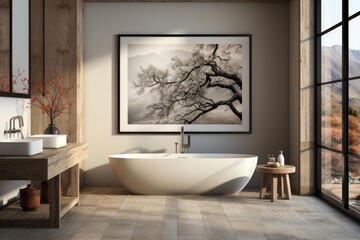 Fototapeta na wymiar cozy bathroom with light natural materials with modern art on the walls