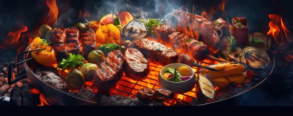 Foto op Canvas vegetable and steak meat on grill. with flames behind. © Michal