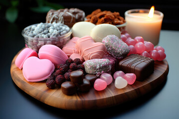 Valentine charcuterie. Sweets, candies and berries on a wooden board