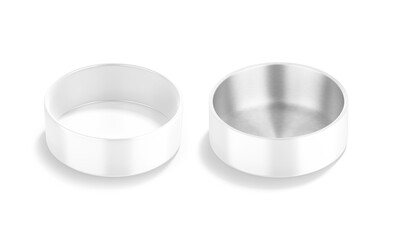 Blank white ceramic and metal dog bowl mockup, top view